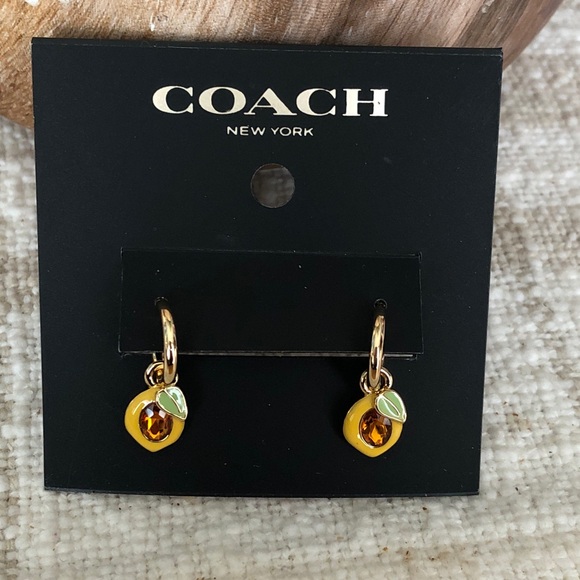 Coach Gold Tone Huggie Hoop Earrings Lemon Charm & Crystal Accent NWT - Picture 5 of 16